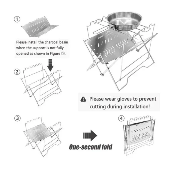 PSKOOK Camping Grill, Stainless Steel Portable Foldable Campfire Charcoal BBQ - Picture 4 of 10